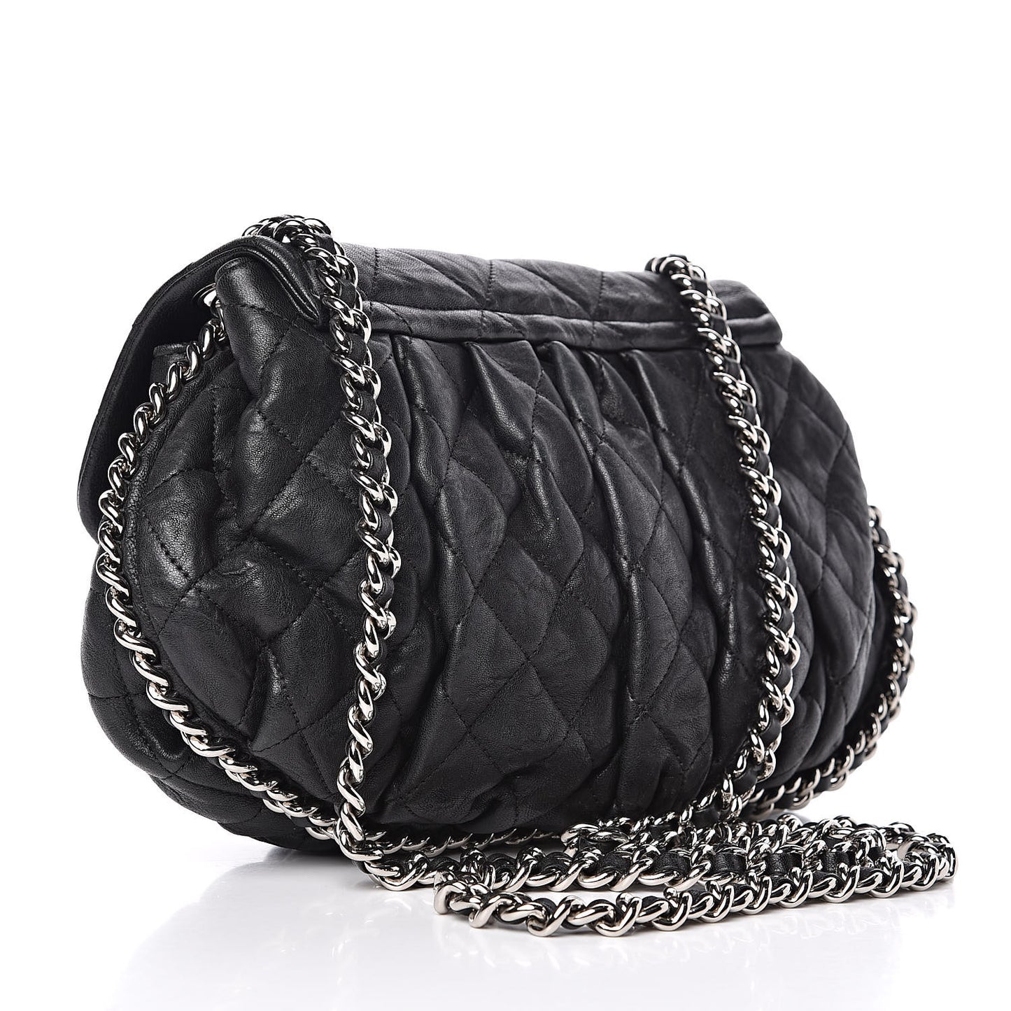 Washed Lambskin Quilted Medium Chain Around Messenger Black