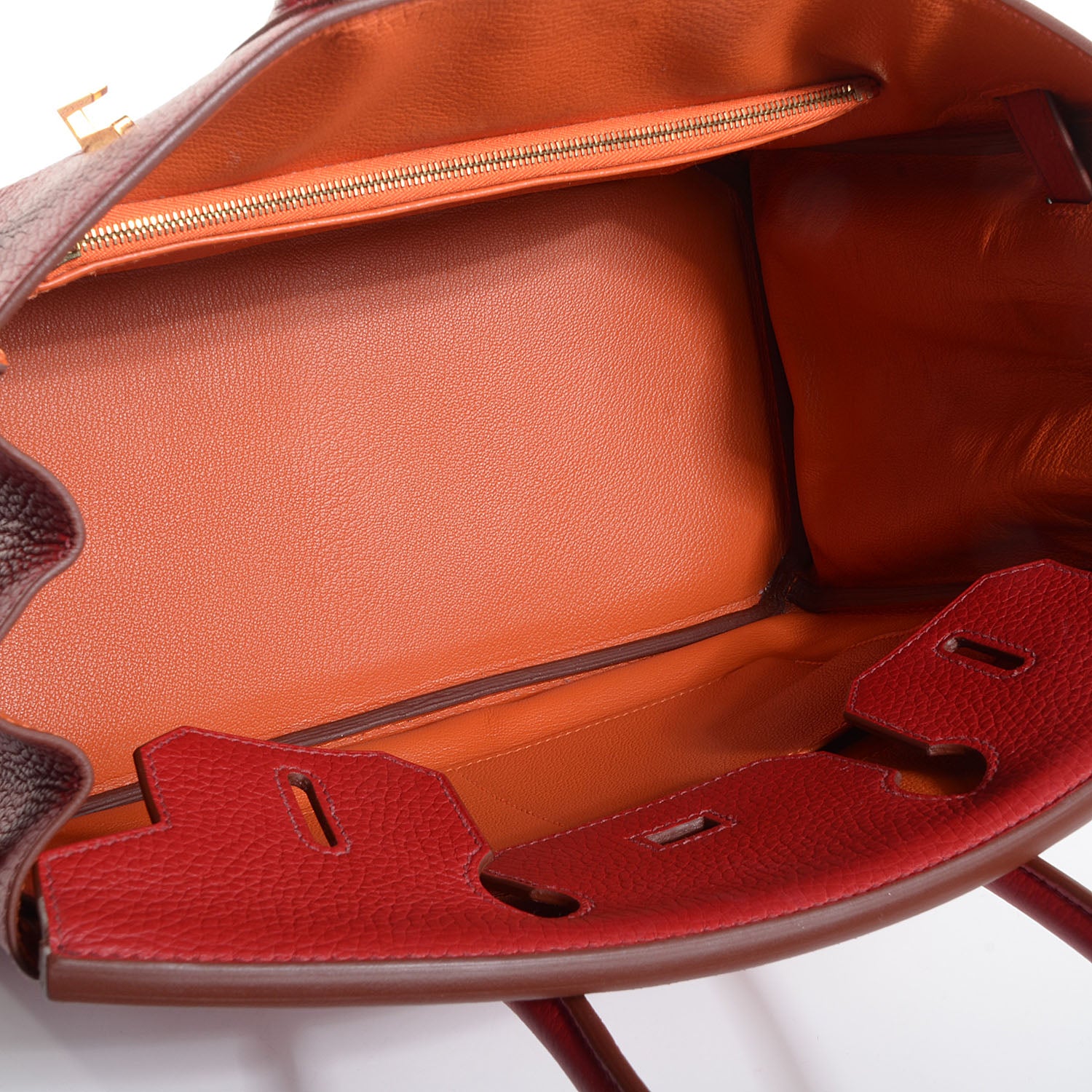 Hermes Taurillon Clemence Horseshoe Bi-Color Birkin 30 Rouge Garance and Orange 6 of 23