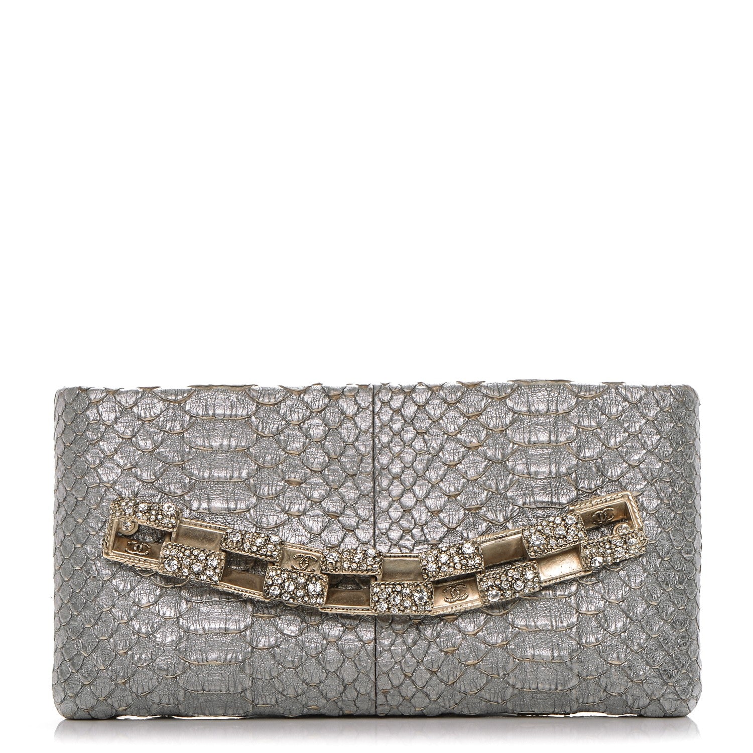 Chanel Metallic Python Crystal Paris Bombay Clutch Silver 1 of 7