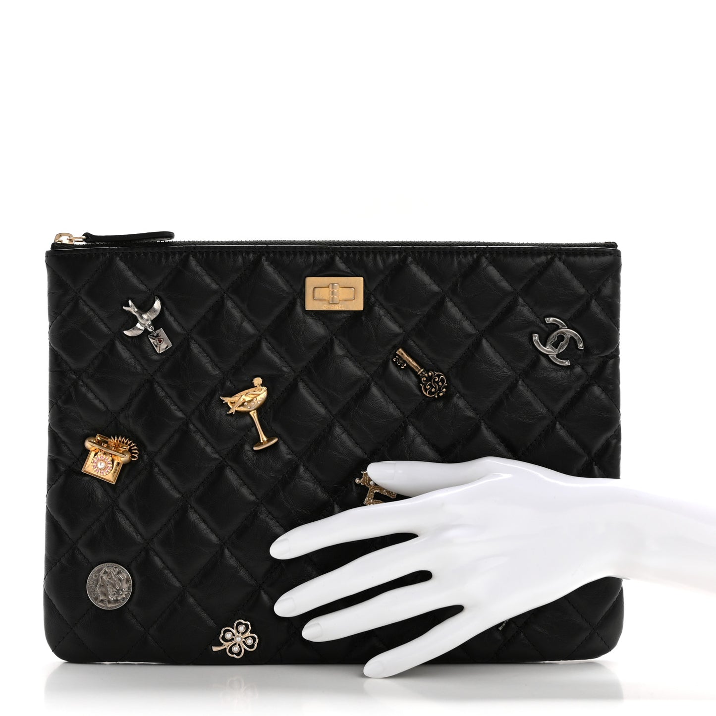 Aged Calfskin Lucky Charms Quilted Medium Reissue Cosmetic Case Black