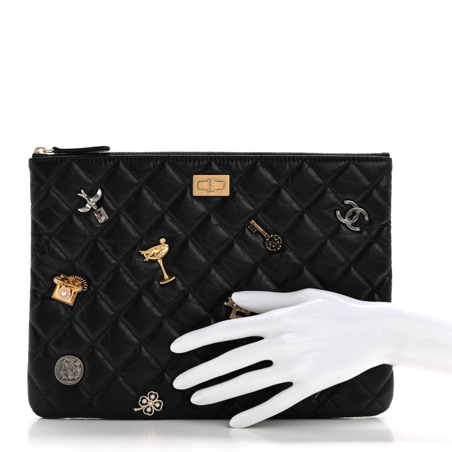 Chanel Aged Calfskin Lucky Charms Quilted Medium Reissue Cosmetic Case Black 2 of 8