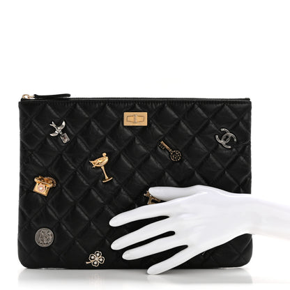 Chanel Aged Calfskin Lucky Charms Quilted Medium Reissue Cosmetic Case Black 2 of 8