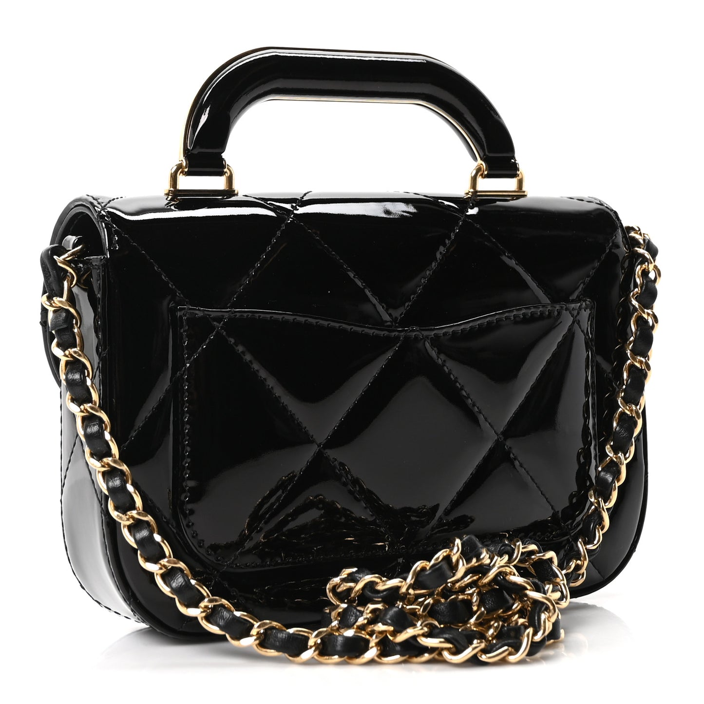 Metallic Mirror Calfskin Mini Top Handle Clutch With Chain  Black