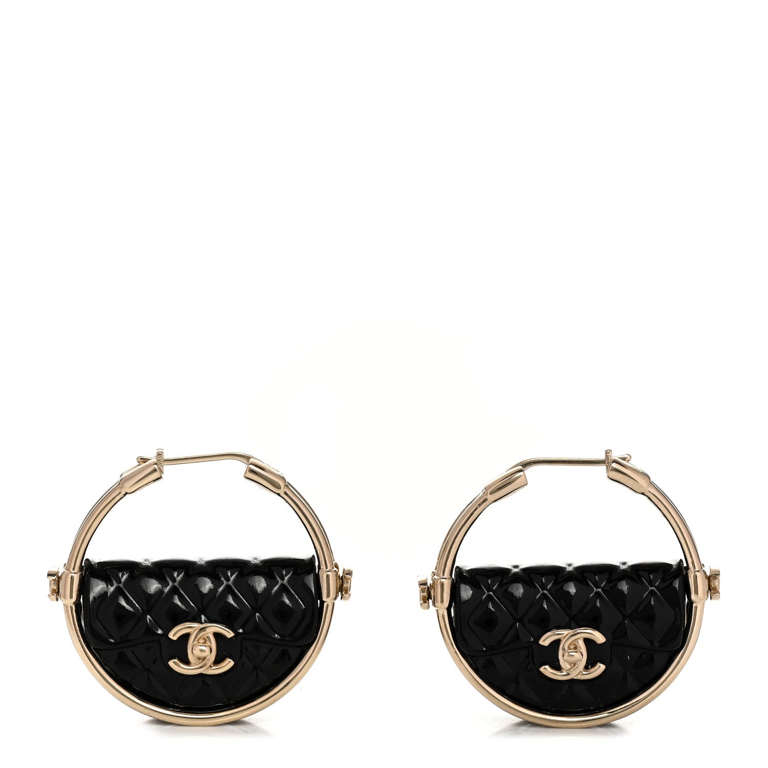 Chanel Metal Resin Quilted Flap Bag Hoop Earrings Black Gold 1 of 4