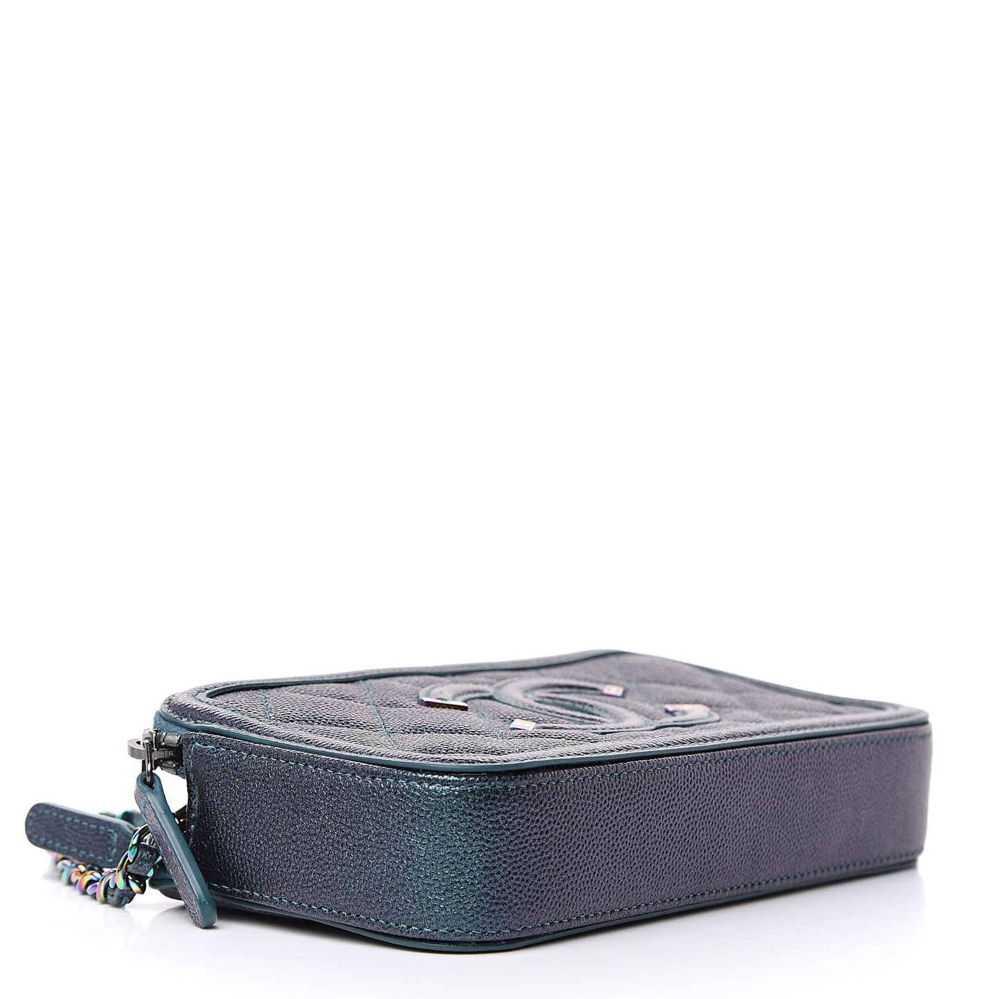 Iridescent Caviar Quilted CC Filigree Clutch With Chain Dark Turquoise