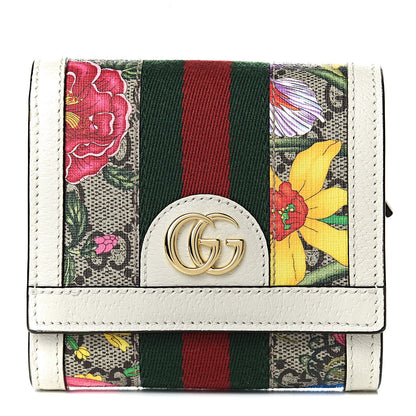 Gucci GG Supreme Monogram Flora Textured Calfskin Web Ophidia Card Case Wallet Beige Ebony Multicolor Mystic White 1 of 7