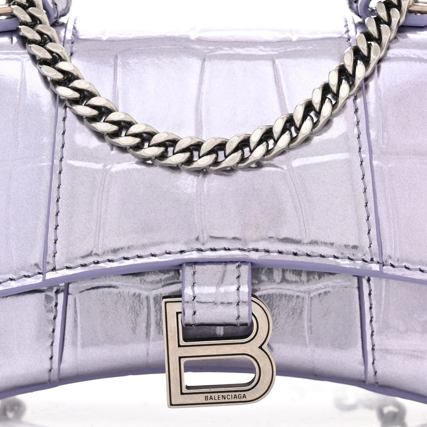 Metallic Calfskin Crocodile Embossed Hourglass Top Handle Bag Mini with Chain Lilac
