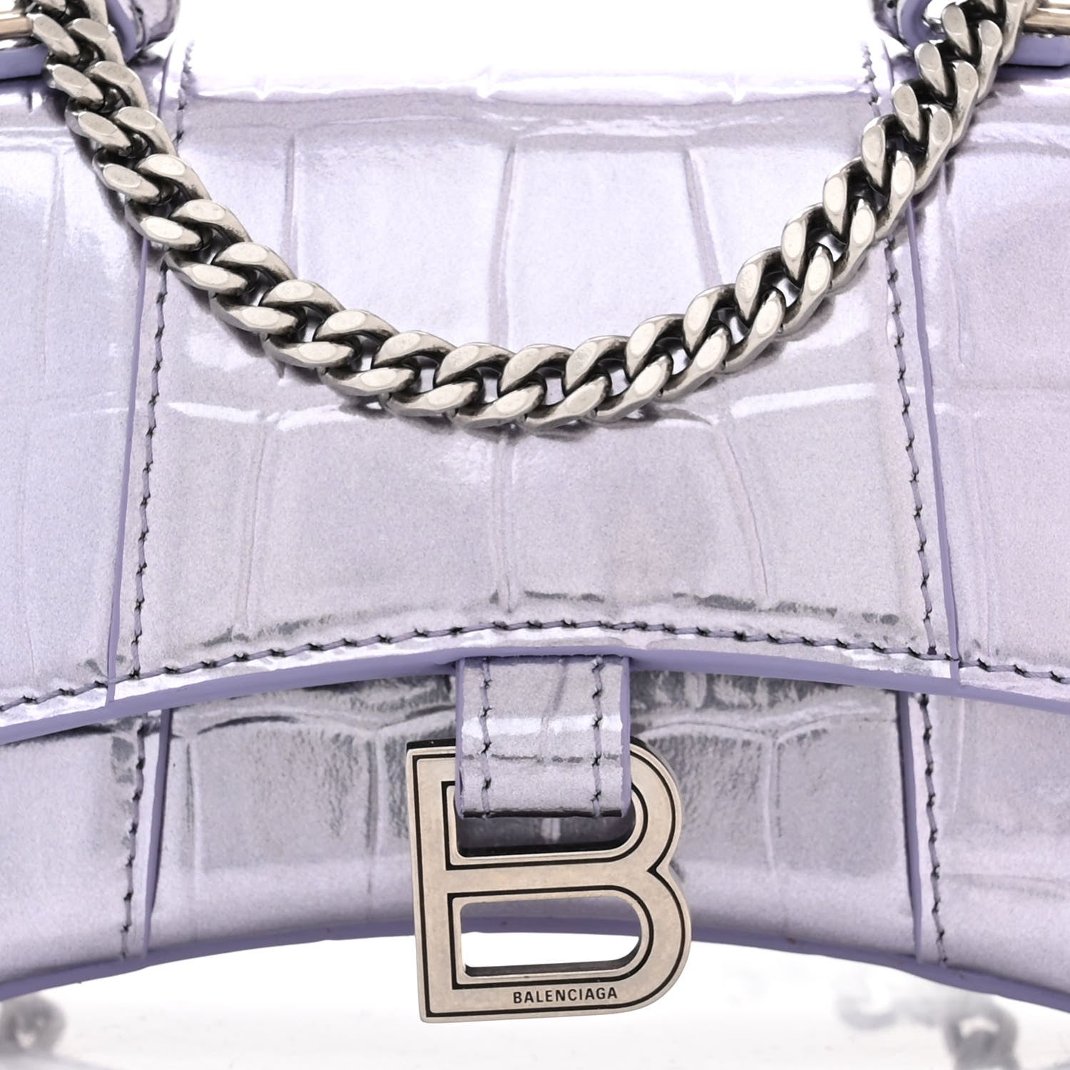 Balenciaga Metallic Calfskin Crocodile Embossed Hourglass Top Handle Bag Mini with Chain Lilac 8 of 10