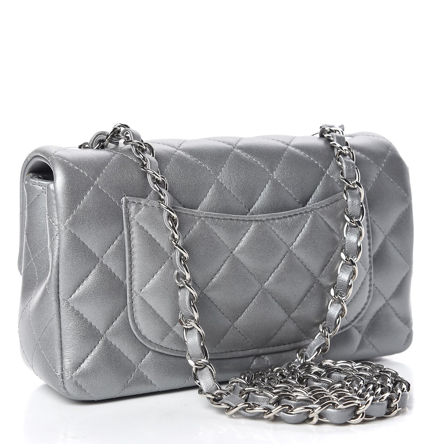 Metallic Lambskin Quilted Mini Rectangular Flap Silver