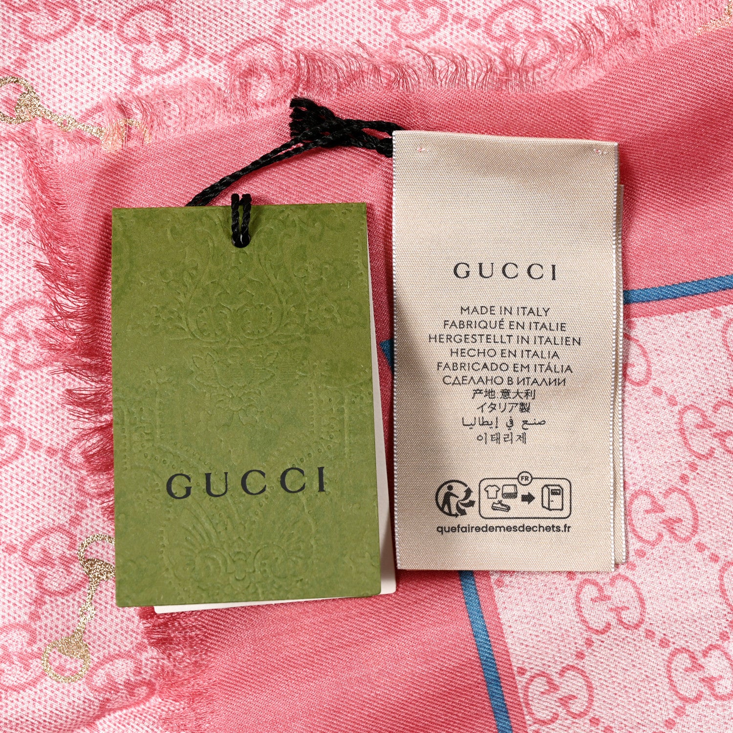 Gucci Modal Silk GG Monogram Big Gold Horsebit Fringe Shawl Pink Sky Blue 3 of 5