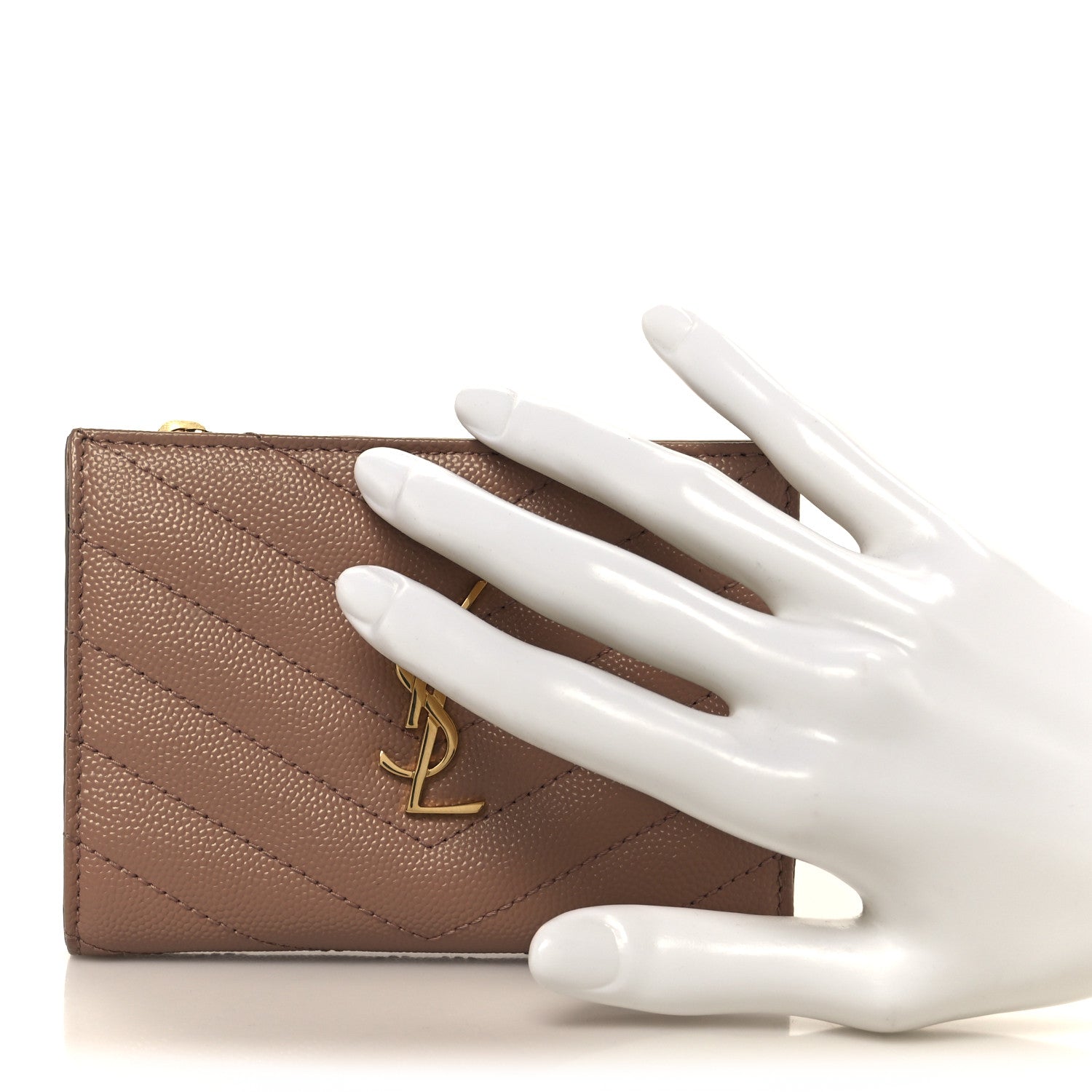 Saint Laurent Grain De Poudre Matelasse Chevron Monogram Zipped Two-Part Wallet Dark Beige 2 of 10