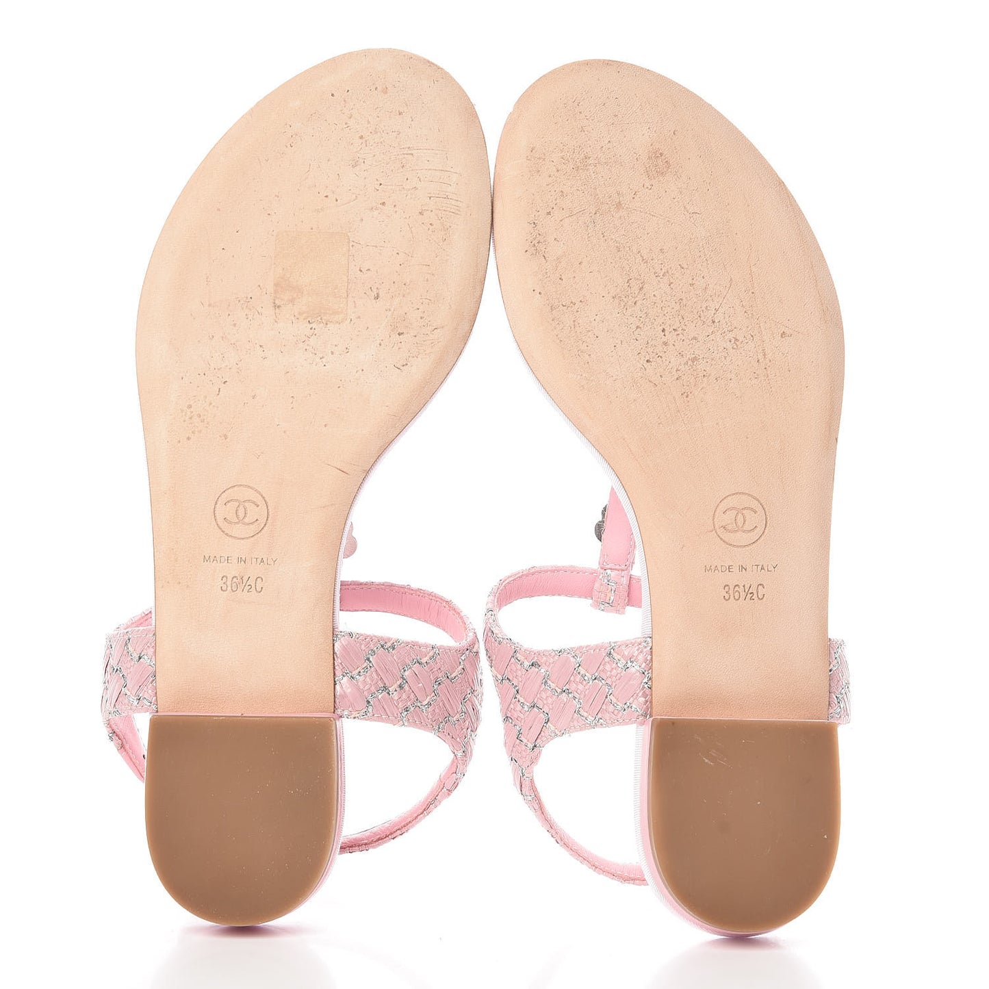 Tweed CC Charm Thong Sandals 36.5 Pink Silver