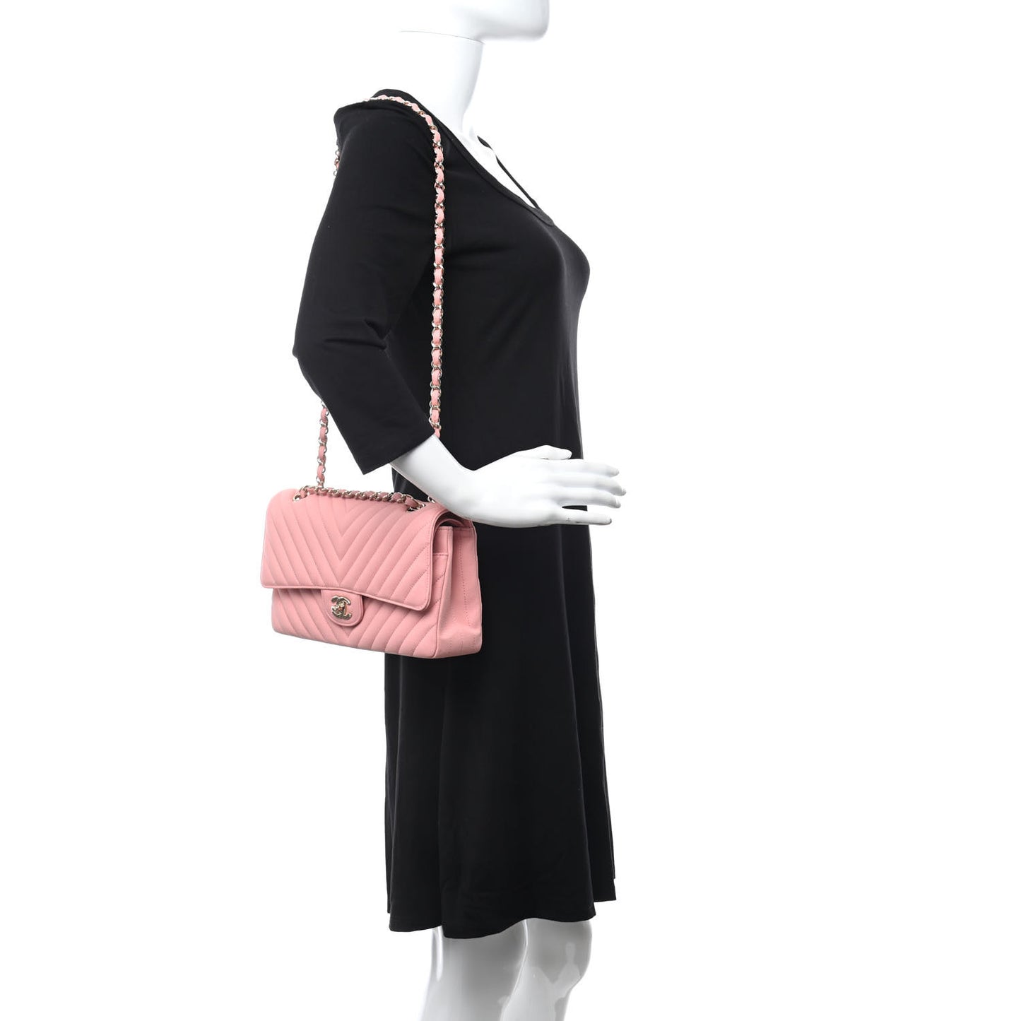 Caviar Flat Chevron Quilted Medium Double Flap Pink