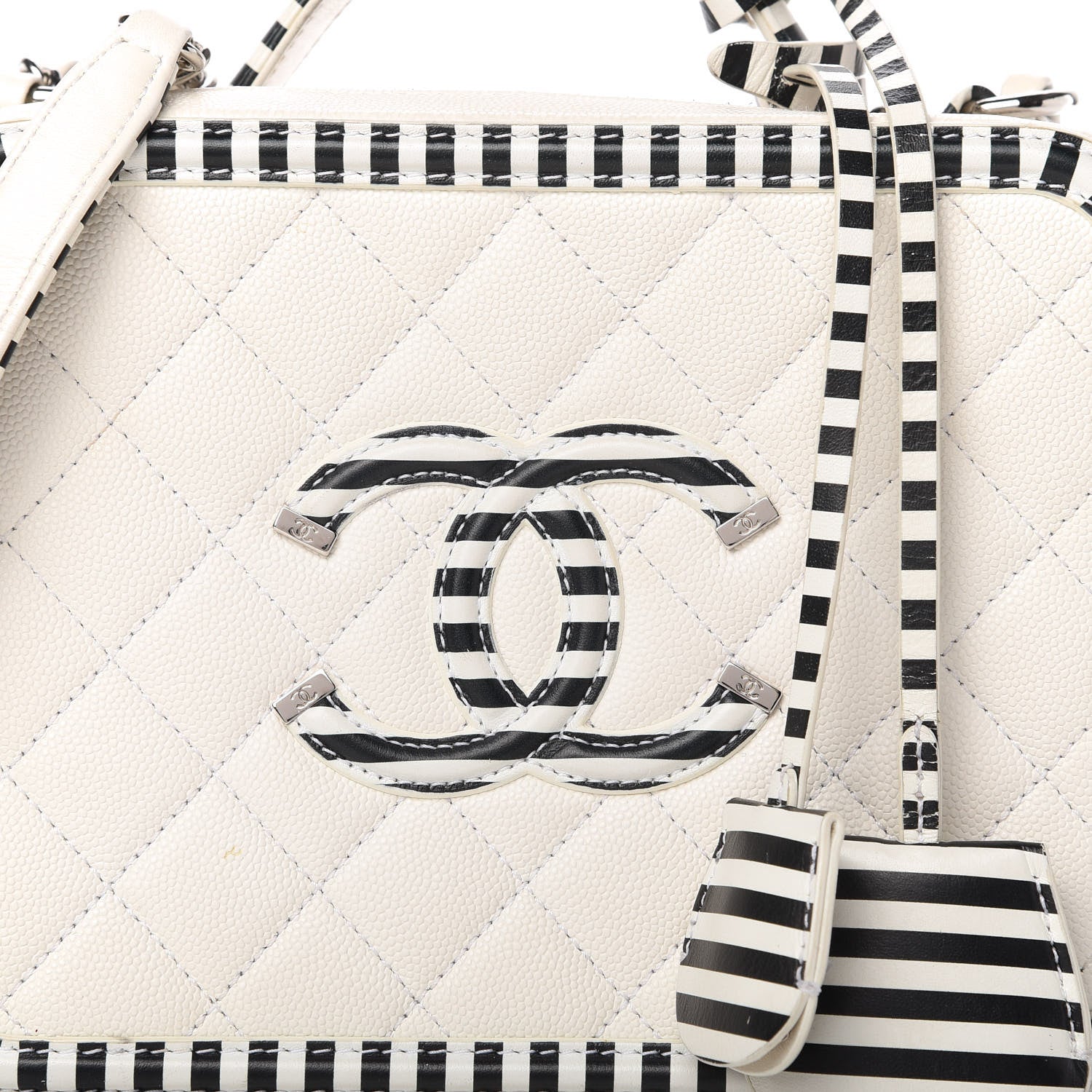 Chanel Caviar Quilted Striped Medium CC Filigree Vanity Case White Black 10 of 12