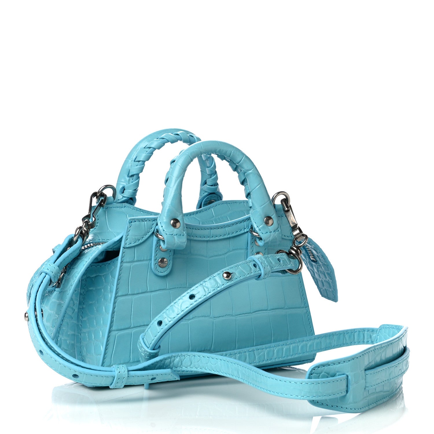 Balenciaga Calfskin Crocodile Embossed Neo Classic Silver Hardware Nano City Crossbody Azur 3 of 9
