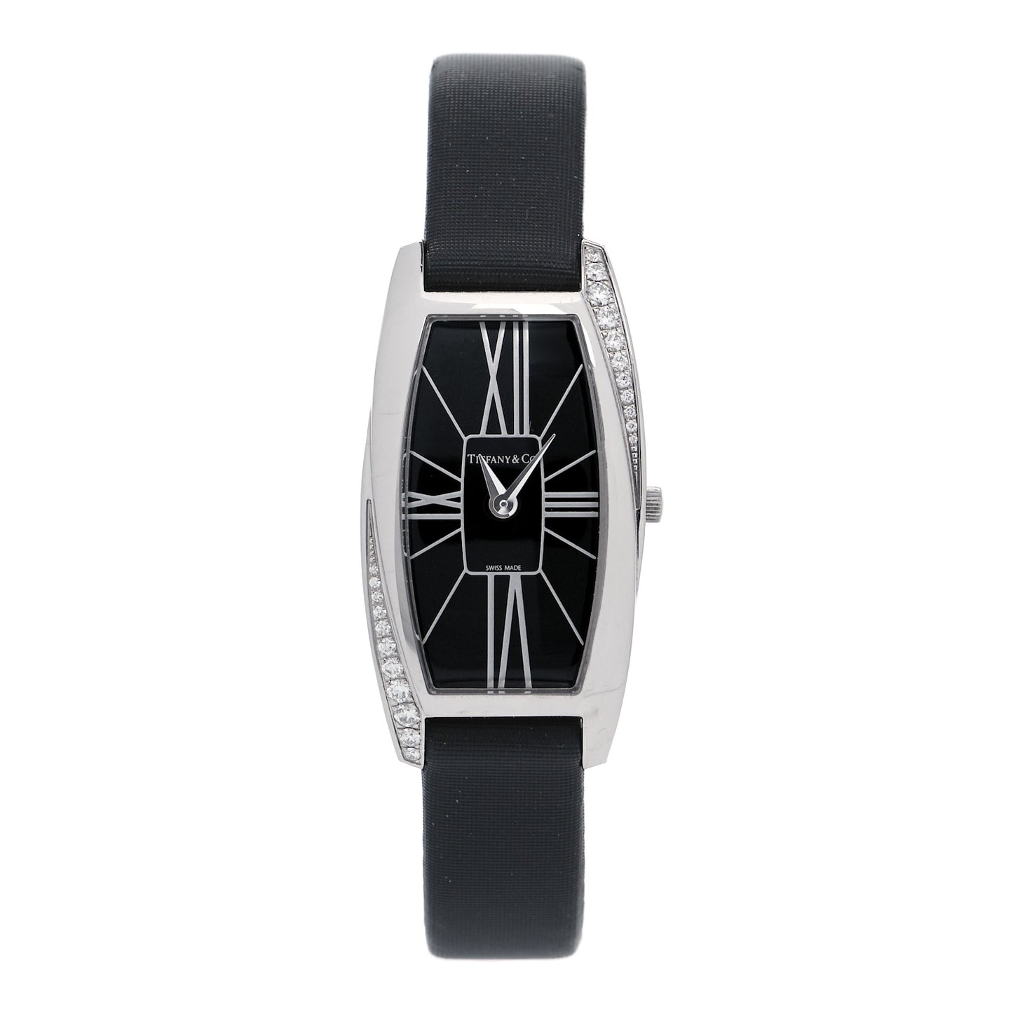 18K White Gold Satin Diamond 18mm Gemea Quartz Watch Black