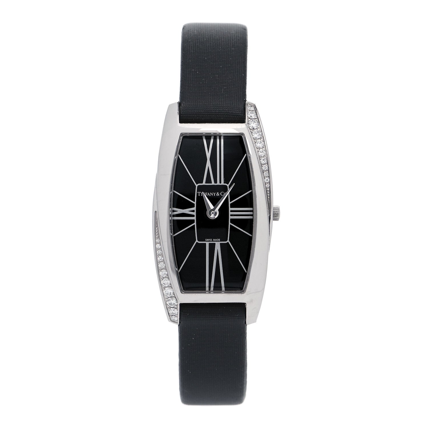 Tiffany 18K White Gold Satin Diamond 18mm Gemea Quartz Watch Black 1 of 5