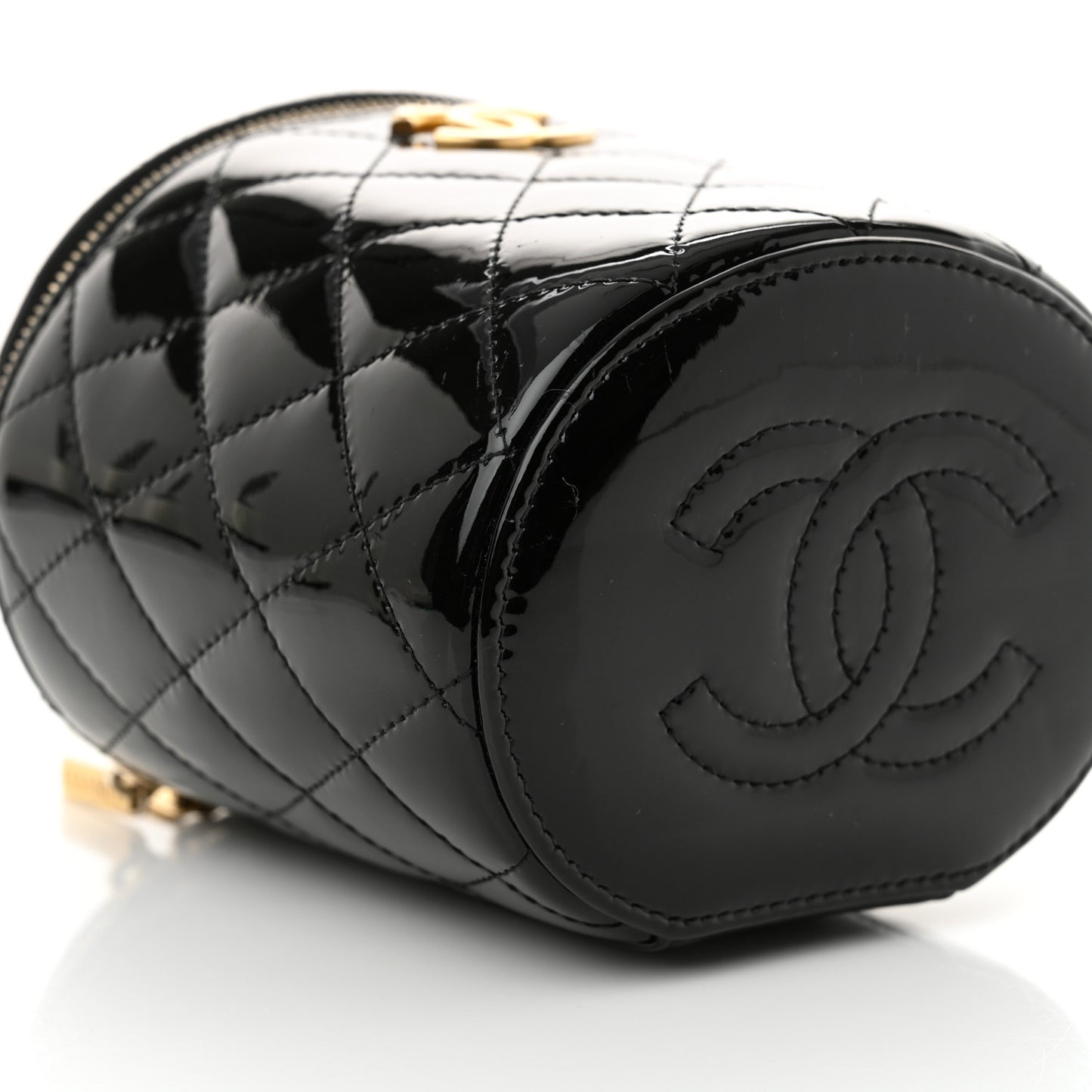 Patent Quilted Afternoon Tea Top Handle Mini Vanity Case With Chain Black
