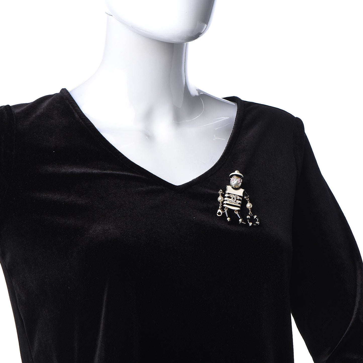 Enamel Crystal Pearl CC Sailor Brooch Black White