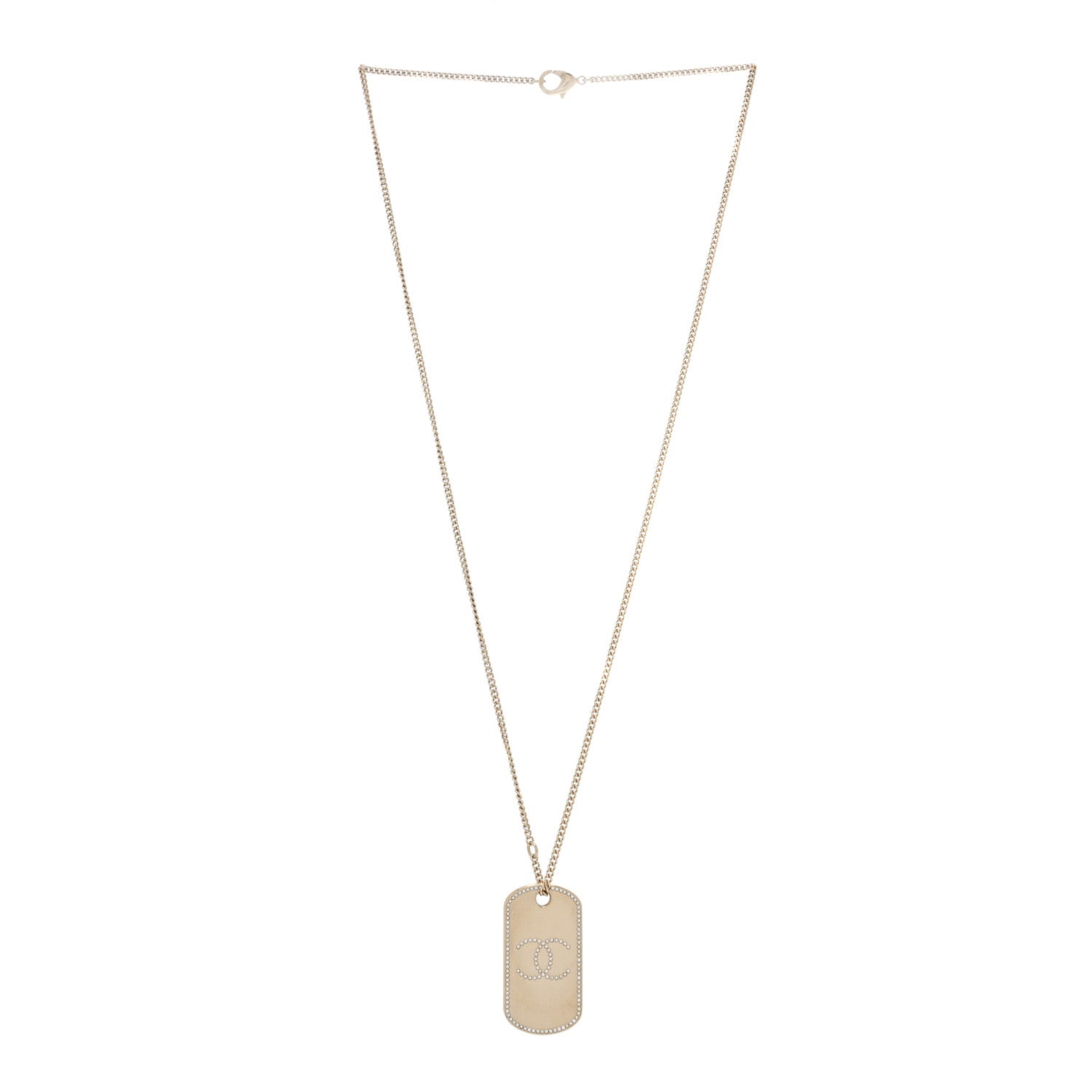 Chanel Metal Crystal Dog Tag Charm Necklace Gold 3 of 6