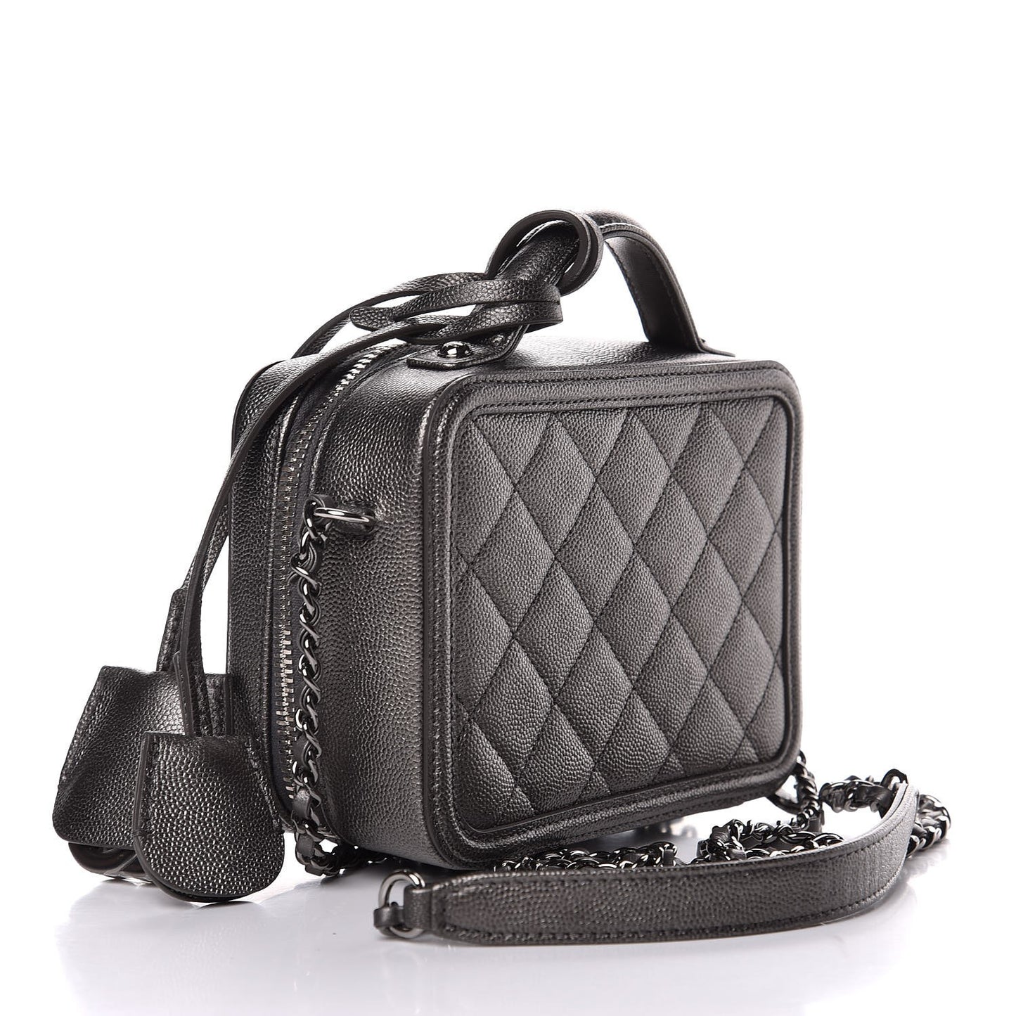 Caviar Quilted Small CC Filigree Vanity Case Dark Silver