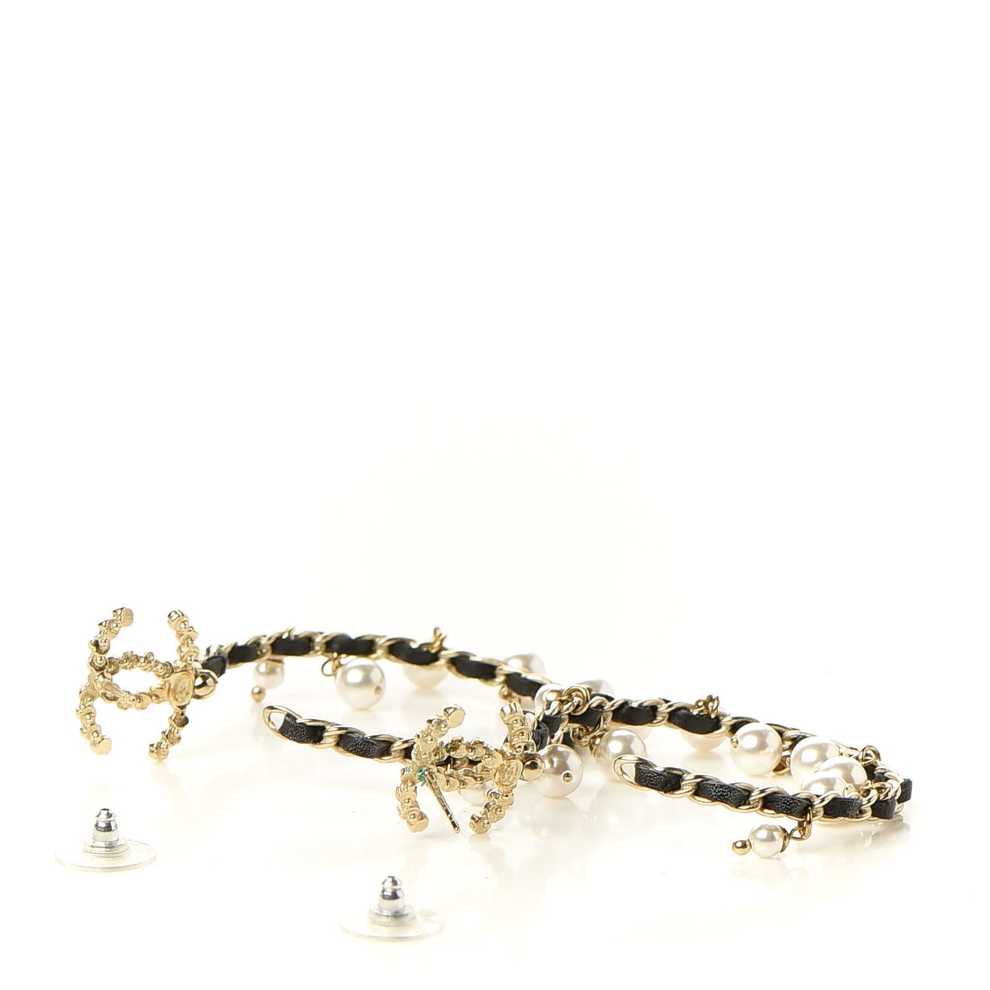 Lambskin Pearl Crystal CC Chain Hoop Earrings Gold Black