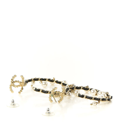 Chanel Lambskin Pearl Crystal CC Chain Hoop Earrings Gold Black 3 of 8