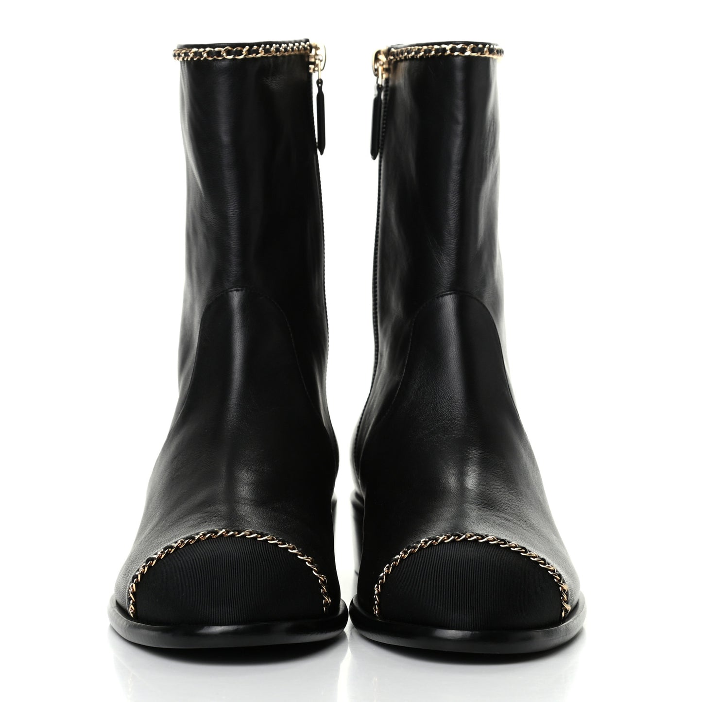 Lambskin Grosgrain Cap Toe Chain Short Boots 39.5 Black