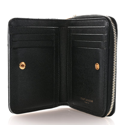 Saint Laurent Grain De Poudre Matelasse Chevron Monogram Compact Zip Around Wallet Black 5 of 8
