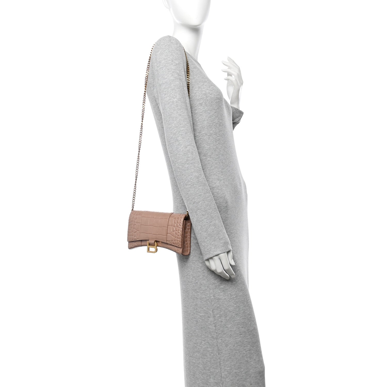Balenciaga Shiny Calfskin Crocodile Embossed Hourglass Chain Bag Nude Beige 2 of 11