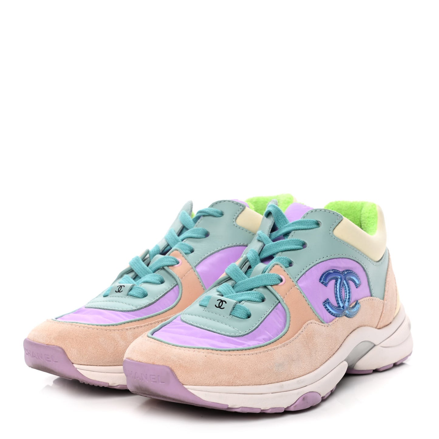 Nylon Lambskin Suede Calfskin CC Sneakers 37 Green Purple Pink