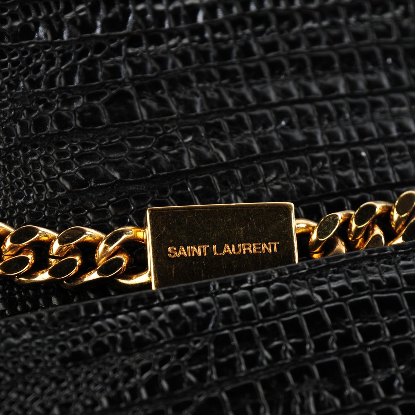 Lizard Calfskin Embossed Small Classic Monogram Kate Tassel Satchel Black