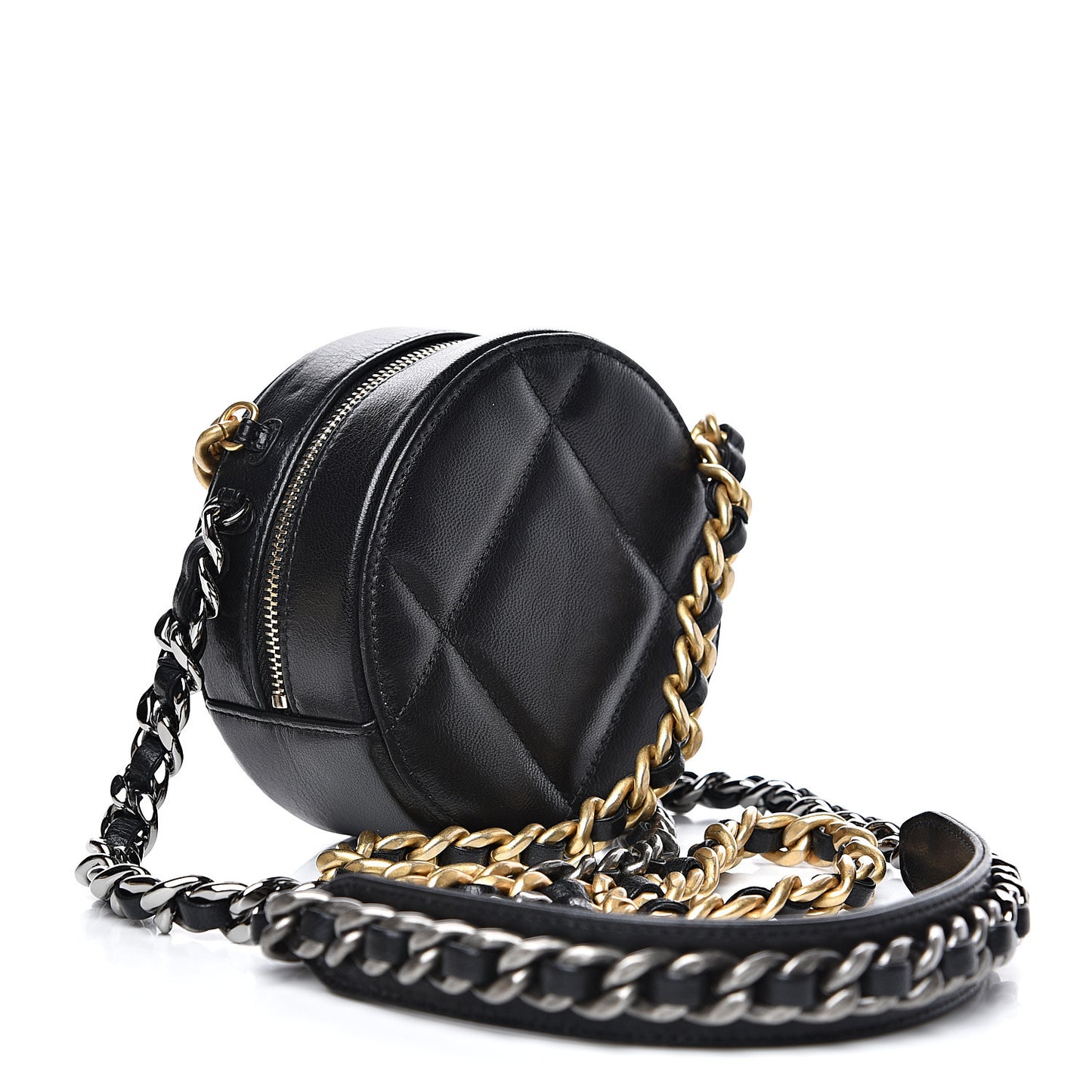 Shiny Goatskin Quilted 19 Round Clutch With Chain Black