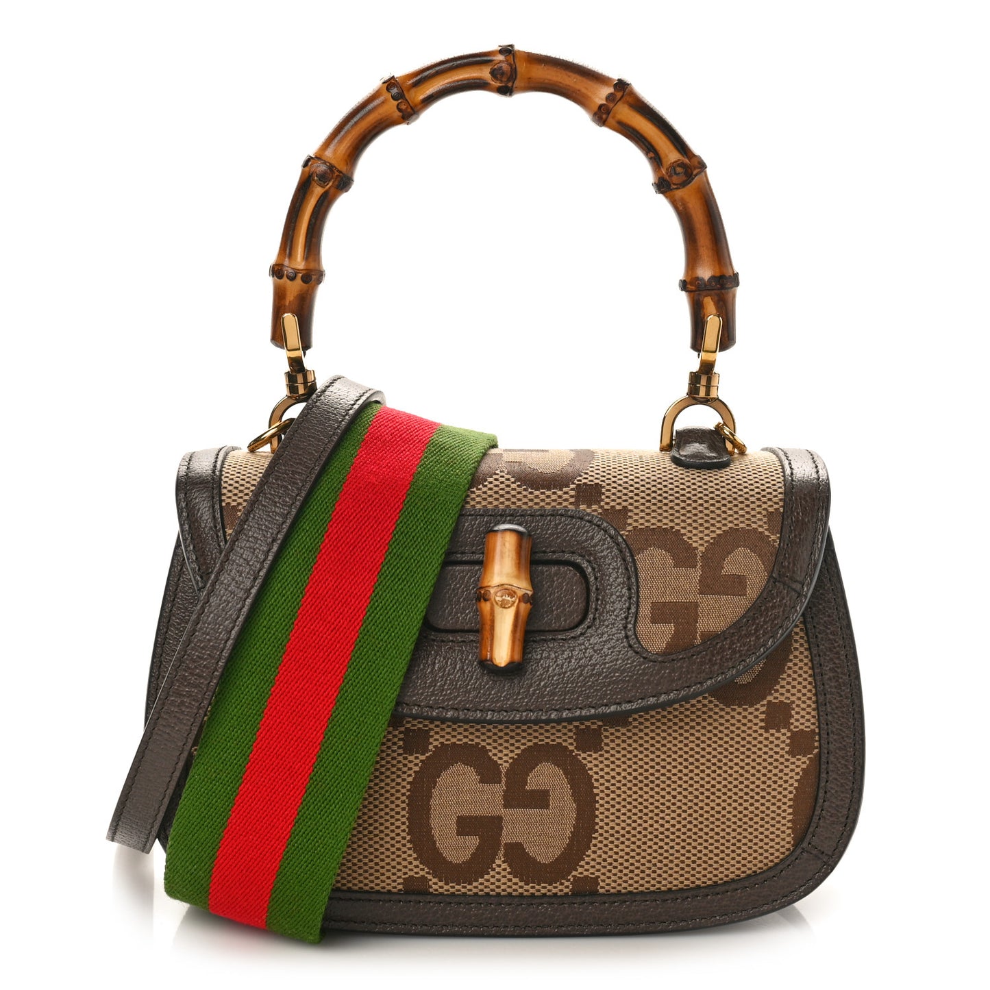 Monogram Jumbo GG Textured Dollar Calfskin Web Small Bamboo 1947 Top Handle Bag Camel Ebony New Acero