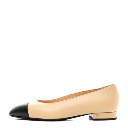 Chanel Lambskin Cap Toe CC Uniform Ballerina Flats 38.5 Beige Black 1 of 9