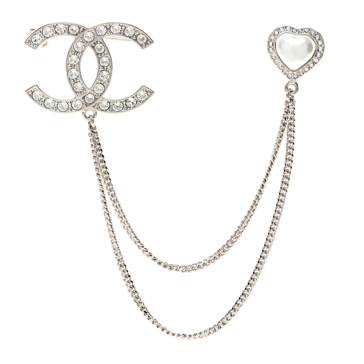 Diamente Pearl Multi Strand Chain CC Heart Brooch Silver Pearly White