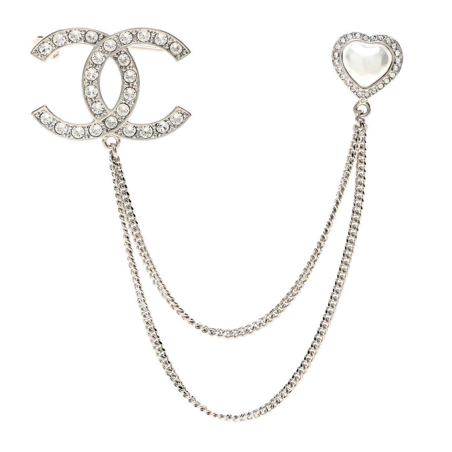 Chanel Diamente Pearl Multi Strand Chain CC Heart Brooch Silver Pearly White 1 of 4