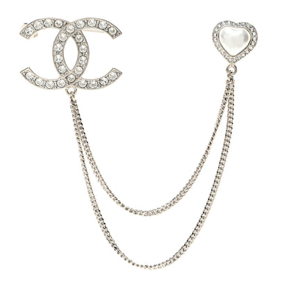 Chanel Diamente Pearl Multi Strand Chain CC Heart Brooch Silver Pearly White 1 of 4