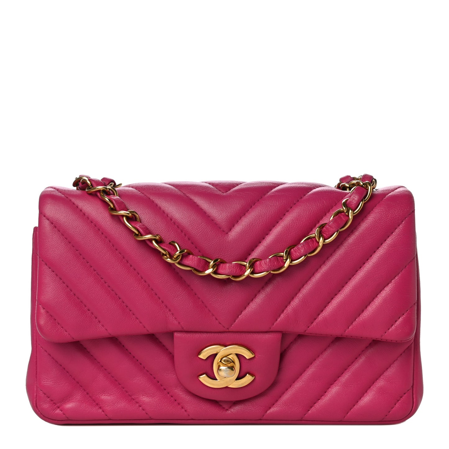 Lambskin Chevron Quilted Mini Rectangular Flap Dark Pink