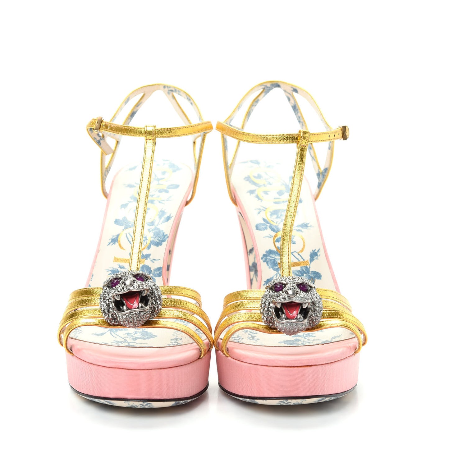 Moire Fabric Nappa Elias T-Strap Platform High Heel Sandals 38 Pink Gold