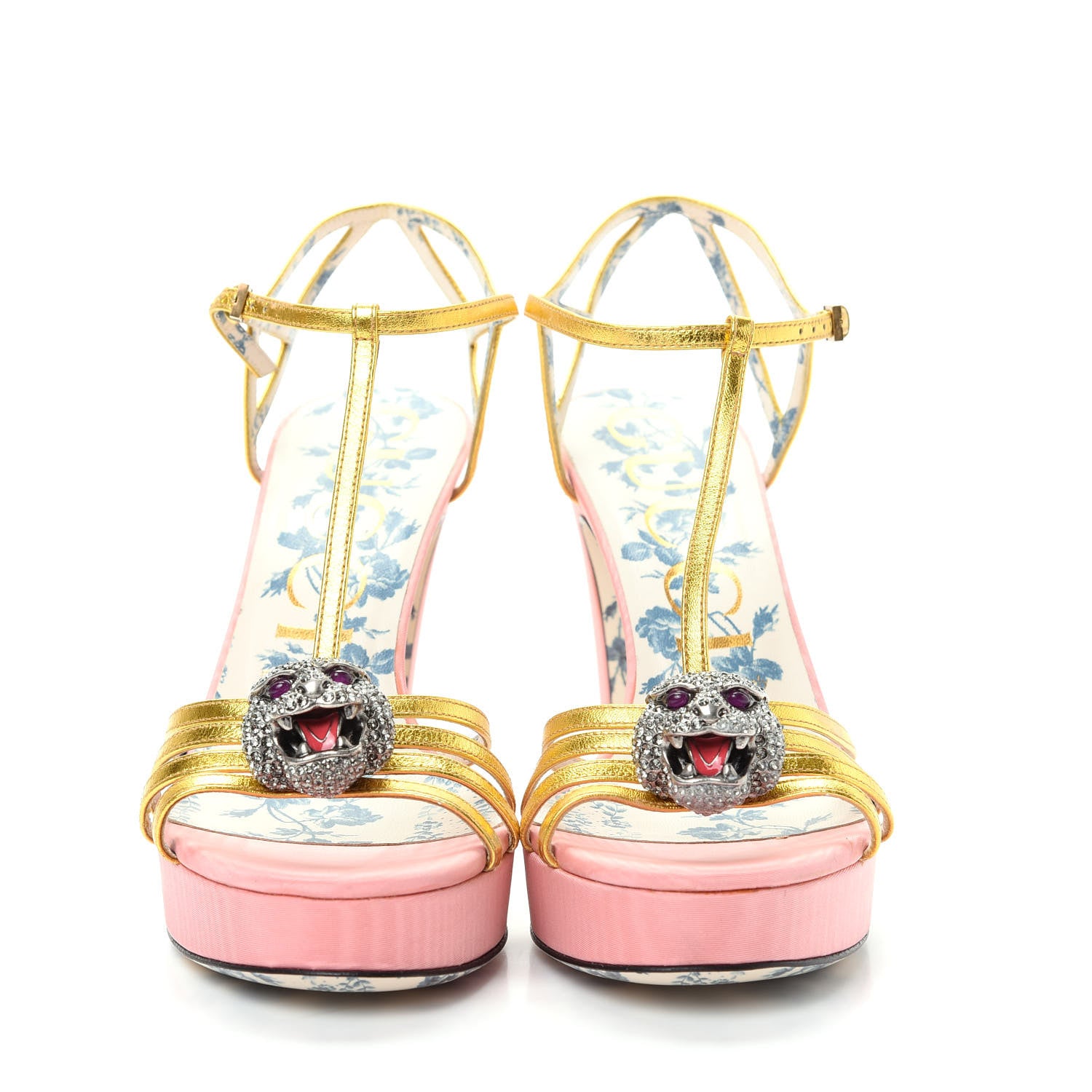 Gucci Moire Fabric Nappa Elias T-Strap Platform High Heel Sandals 38 Pink Gold 2 of 11