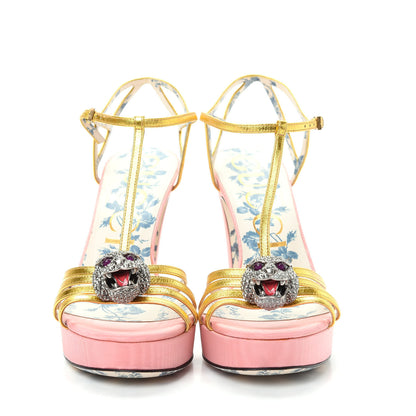 Gucci Moire Fabric Nappa Elias T-Strap Platform High Heel Sandals 38 Pink Gold 2 of 11