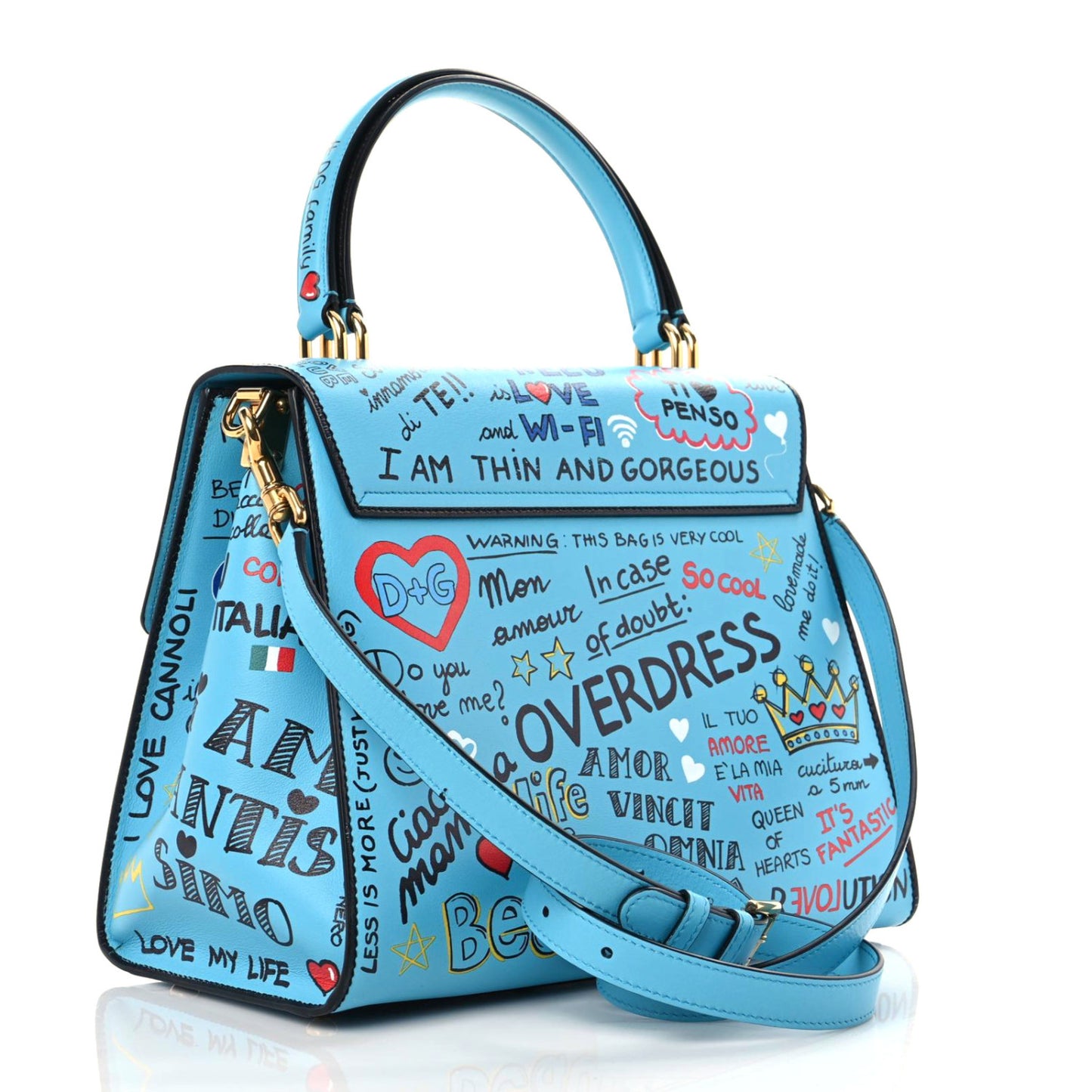 Calfskin Graffiti Printed Welcome Satchel Blue Black