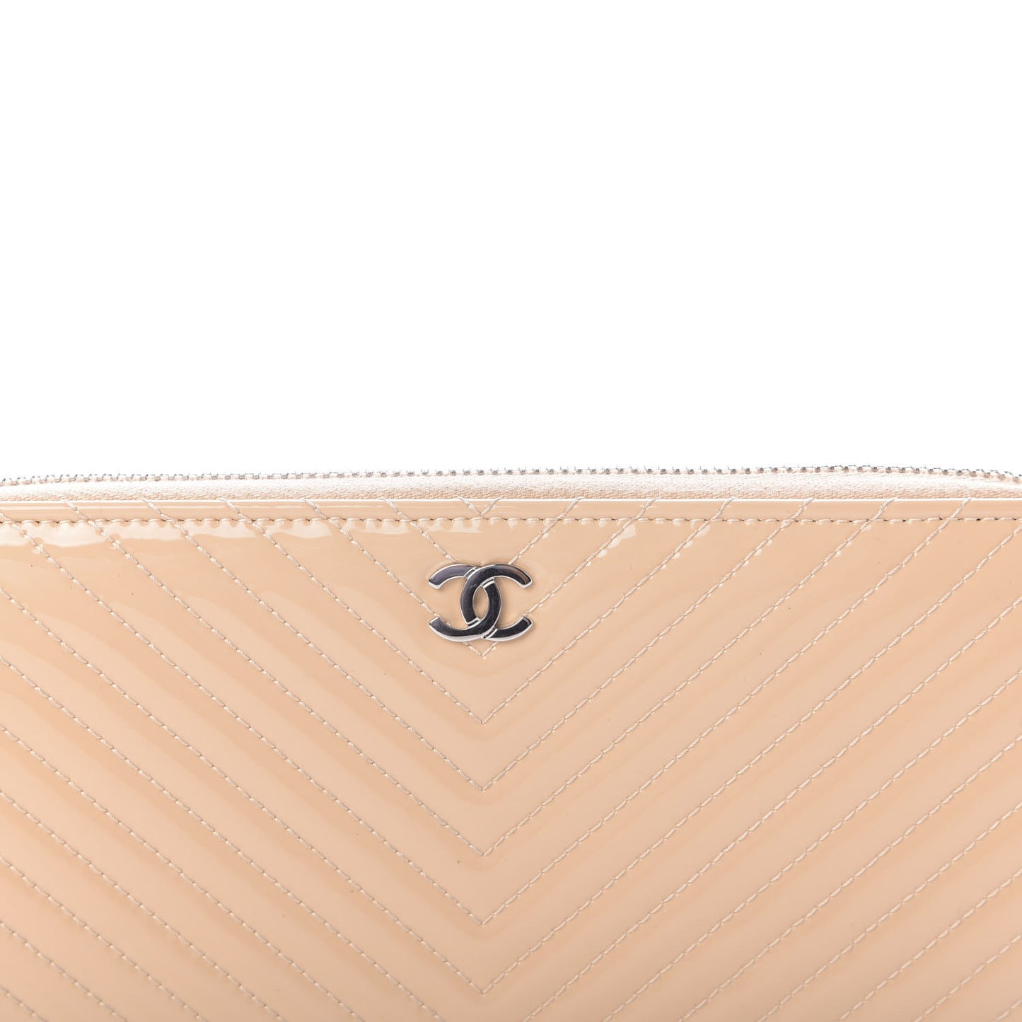 Patent Chevron Quilted Zip Around Wallet Beige