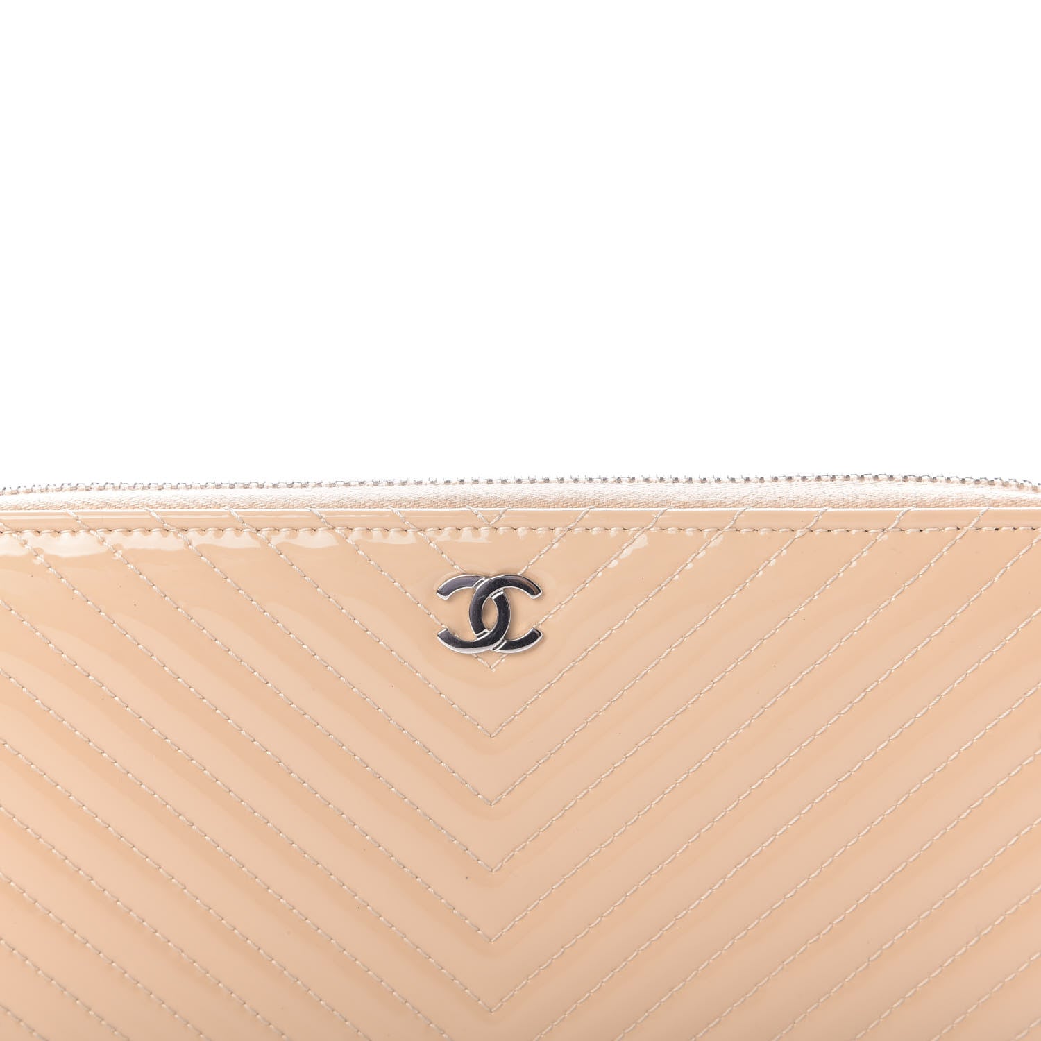 Chanel Patent Chevron Quilted Zip Around Wallet Beige 10 of 11