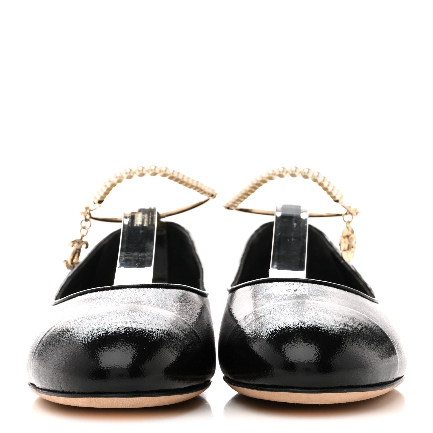 Chanel Shiny Lambskin Pearl Cap Toe Ankle Chain Ballerina Flats 39