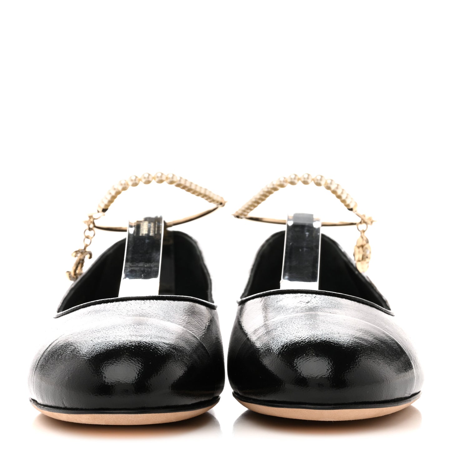 Shiny Lambskin Pearl Cap Toe Ankle Chain Ballerina Flats 39 Black