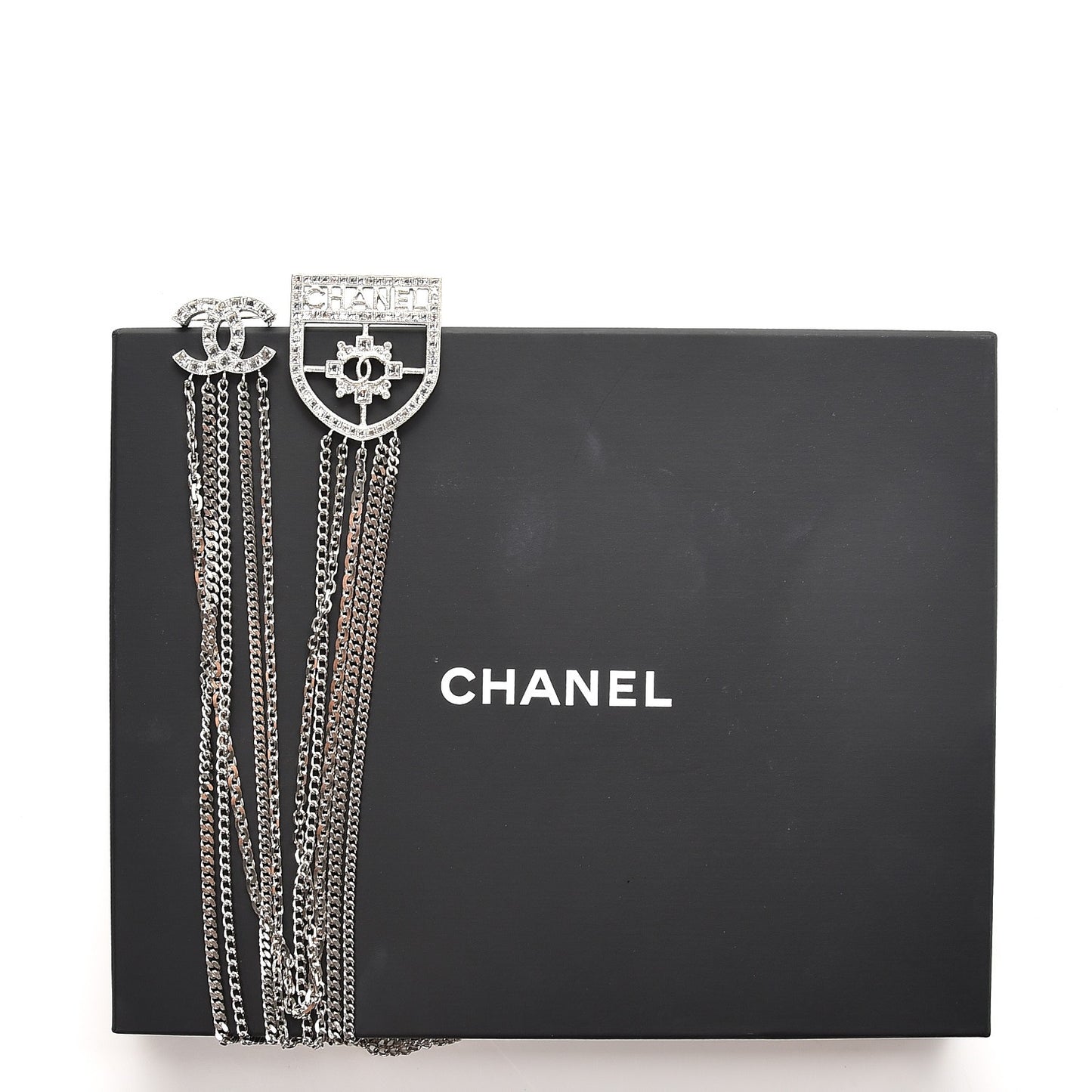 Baguette Crystal CC Shield Multi Strand Long Chain Brooch Silver