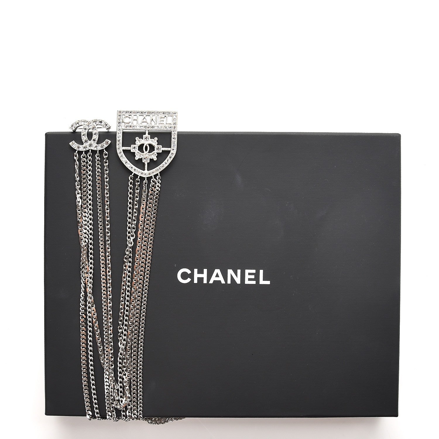 Chanel Baguette Crystal CC Shield Multi Strand Long Chain Brooch Silver 7 of 7