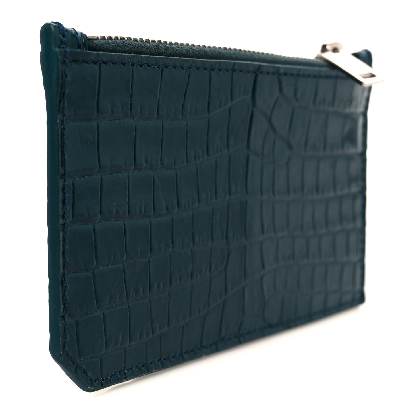 Calfskin Crocodile Embossed 5 Fragments Zip Pouch Card Holder Dark Turquoise